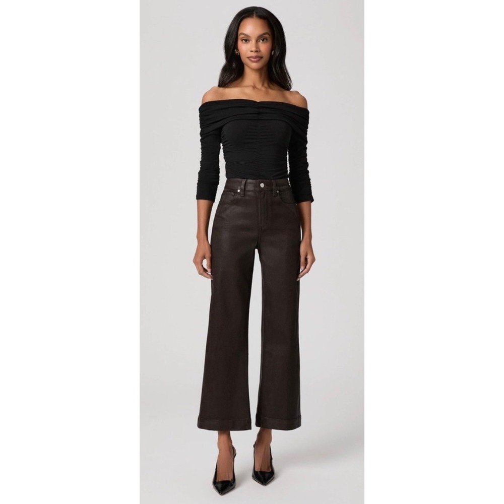 Paige Anessa Chicory Coffee Luxe Coated Wide Leg Jeans Size 23